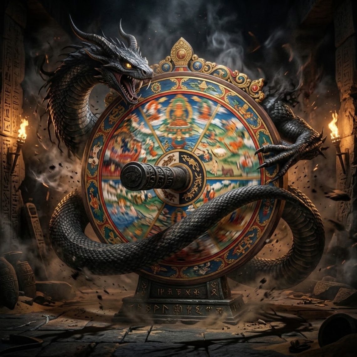 Apophis, is shown spinning the Buddhist Wheel of Life.