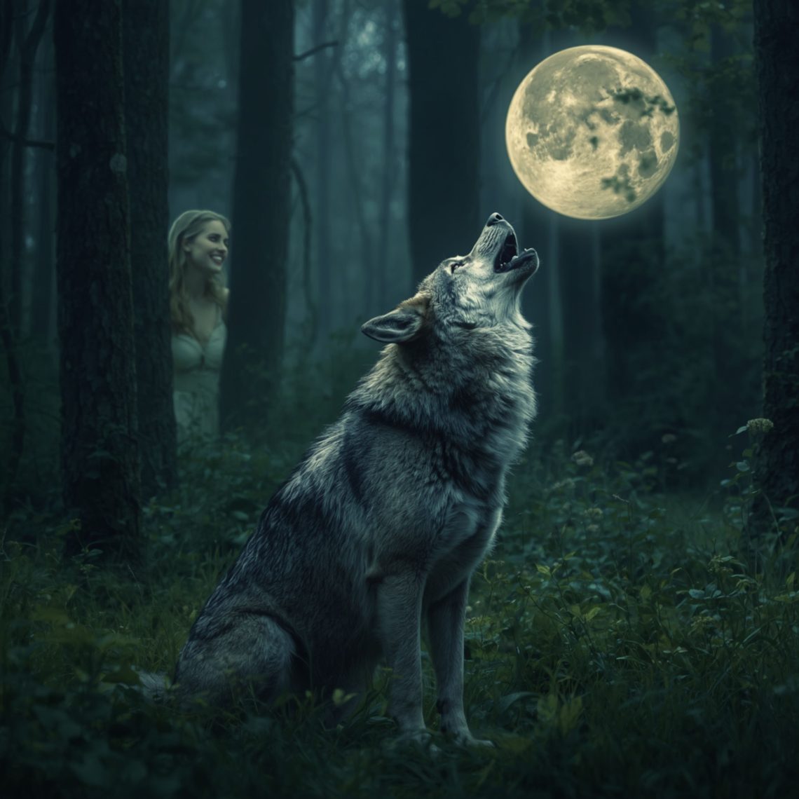 A wolf Howls at the moon as a wood nymph looks on.
