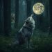 A wolf Howls at the moon as a wood nymph looks on.