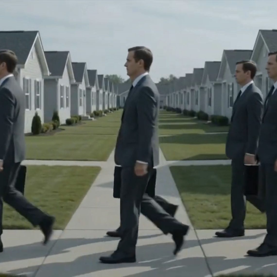 Identical workers marching off to work