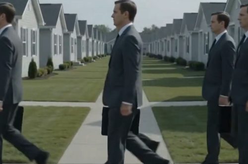 Identical workers marching off to work